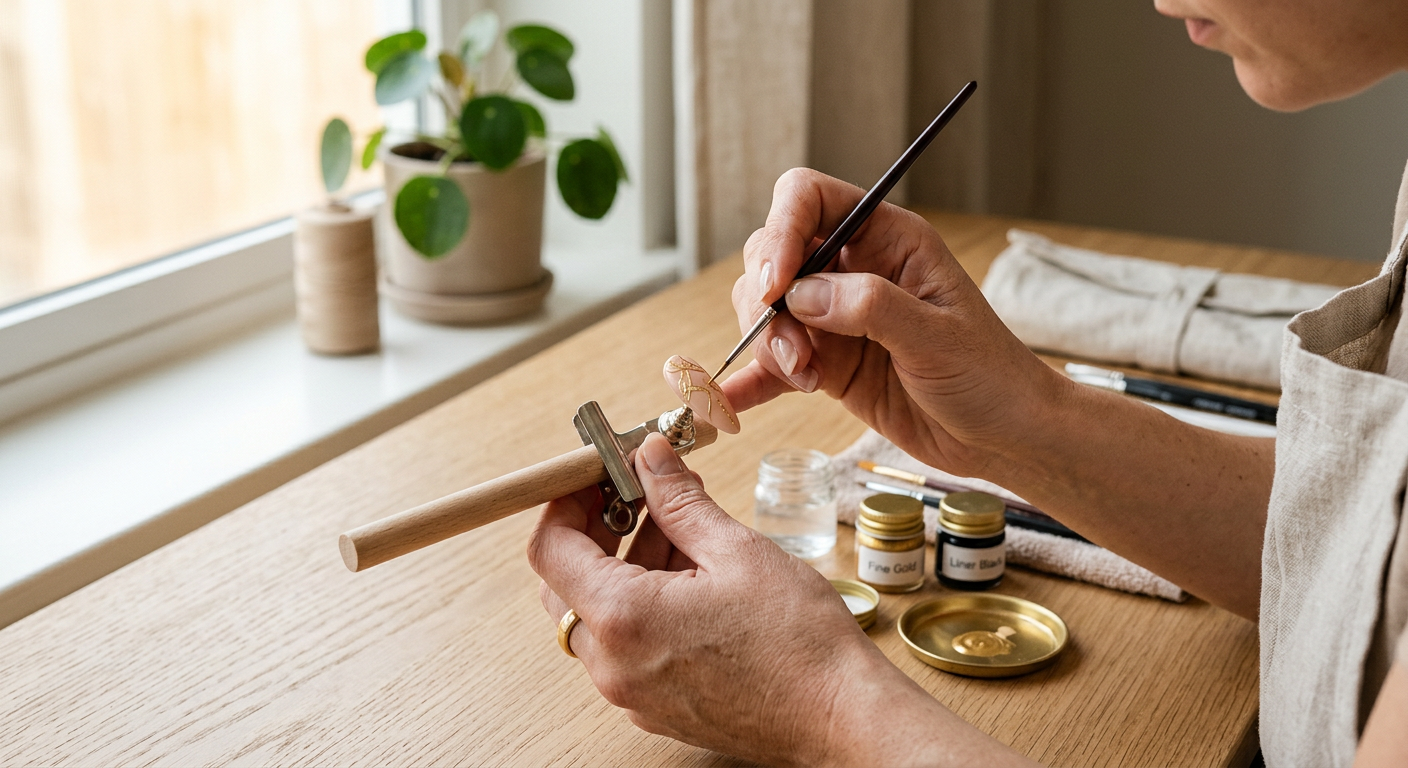 Erika hand-painting a custom nail design at her studio desk