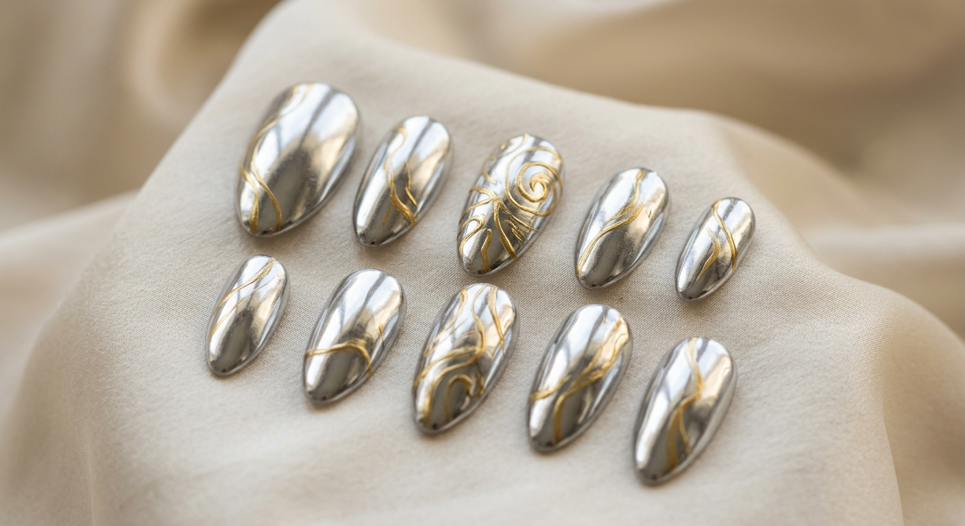 Chrome Reverie — Almond · Mirror chrome & gold swirl