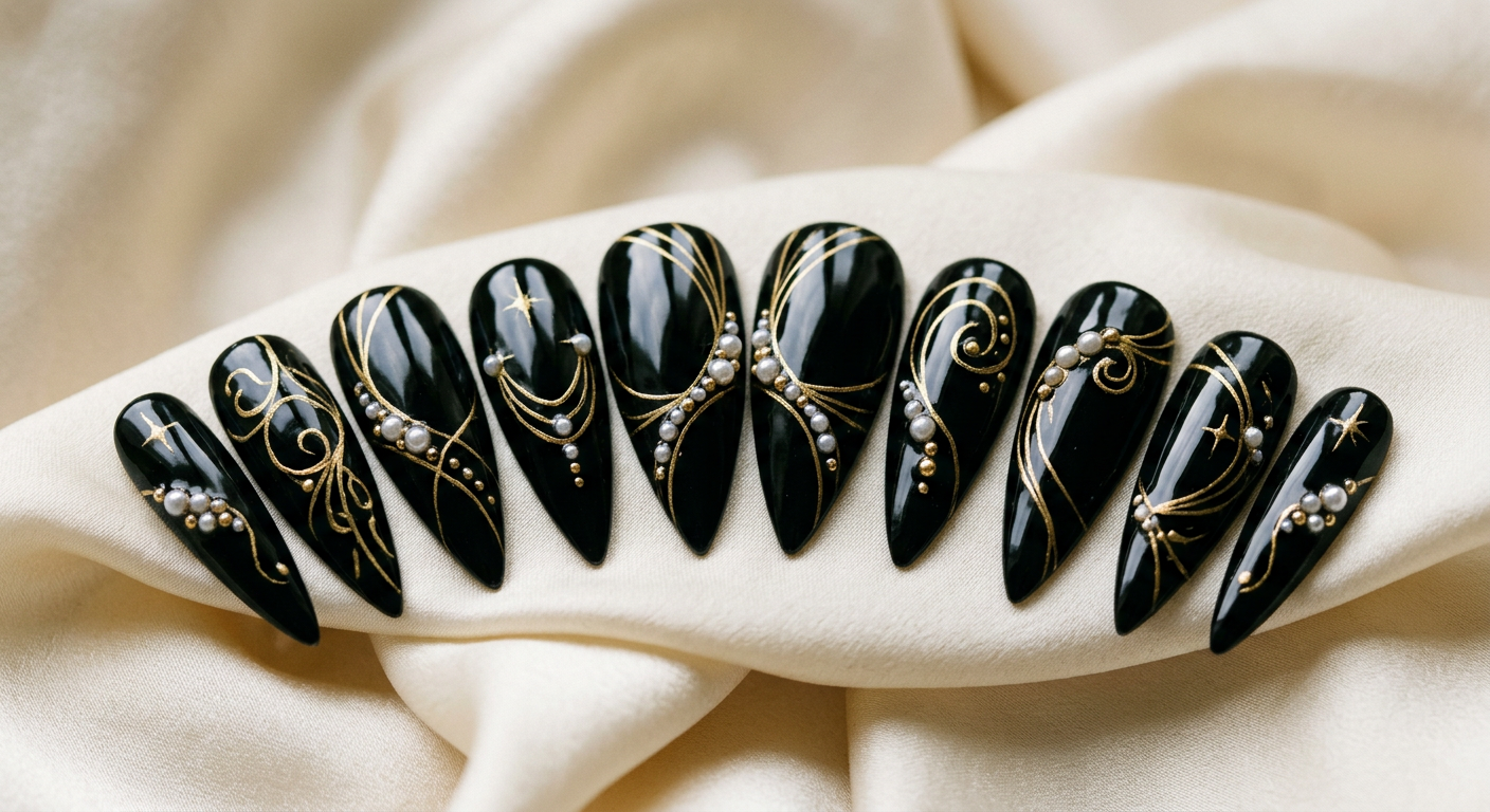 Midnight Gilded — Stiletto · Glossy black & gold line art
