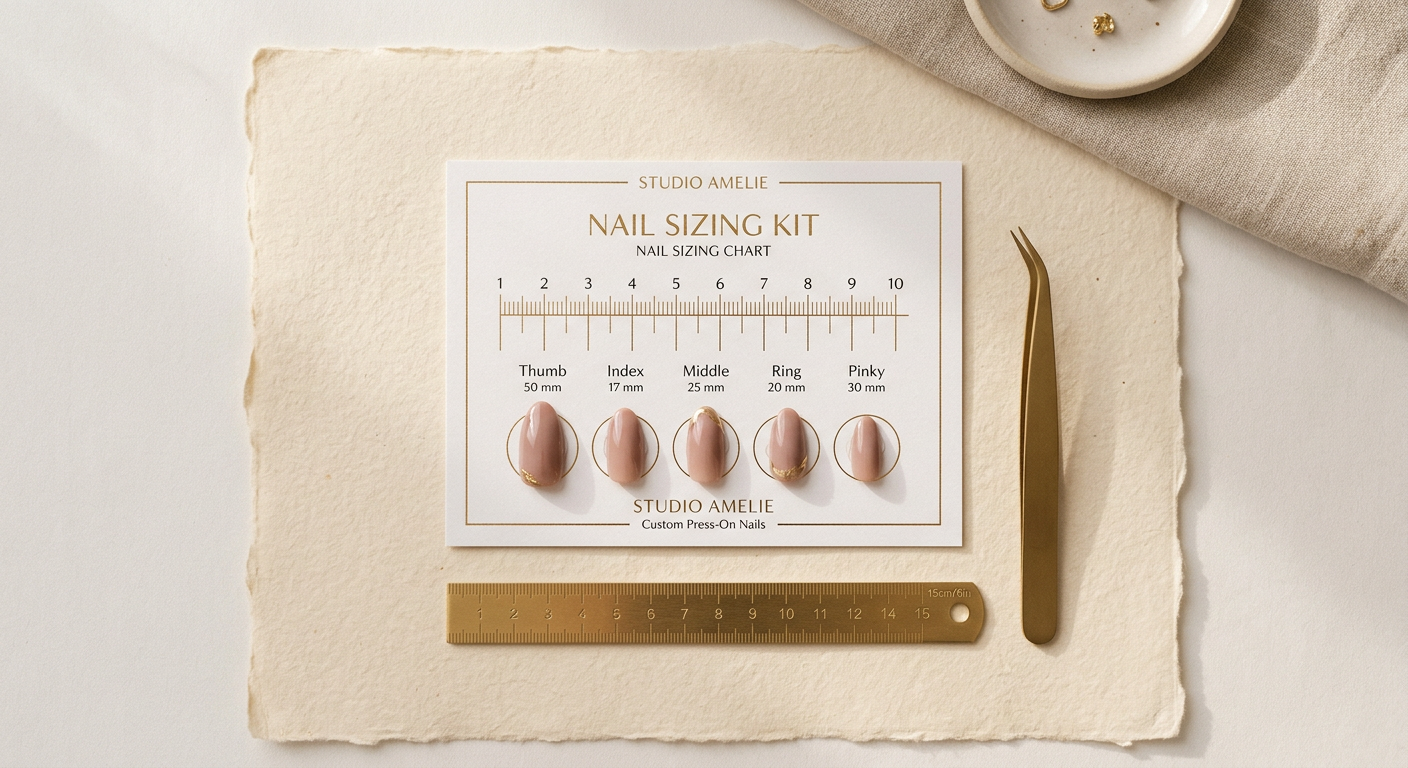 Custom nail sizing kit with ruler, tweezers and sample press-on nails